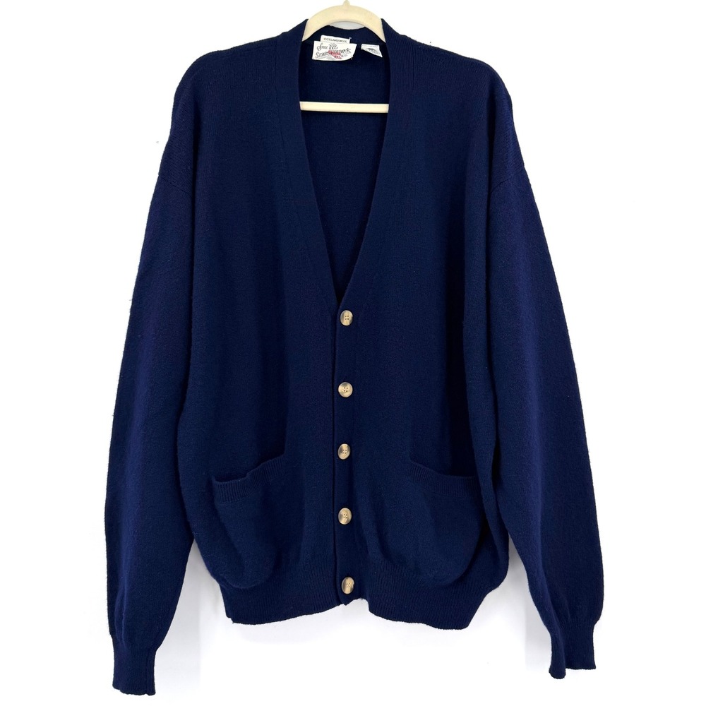 Vintage 80s Sears Roebuck Navy Blue 100% Lambswool Cardigan Sweater Mens 2XL